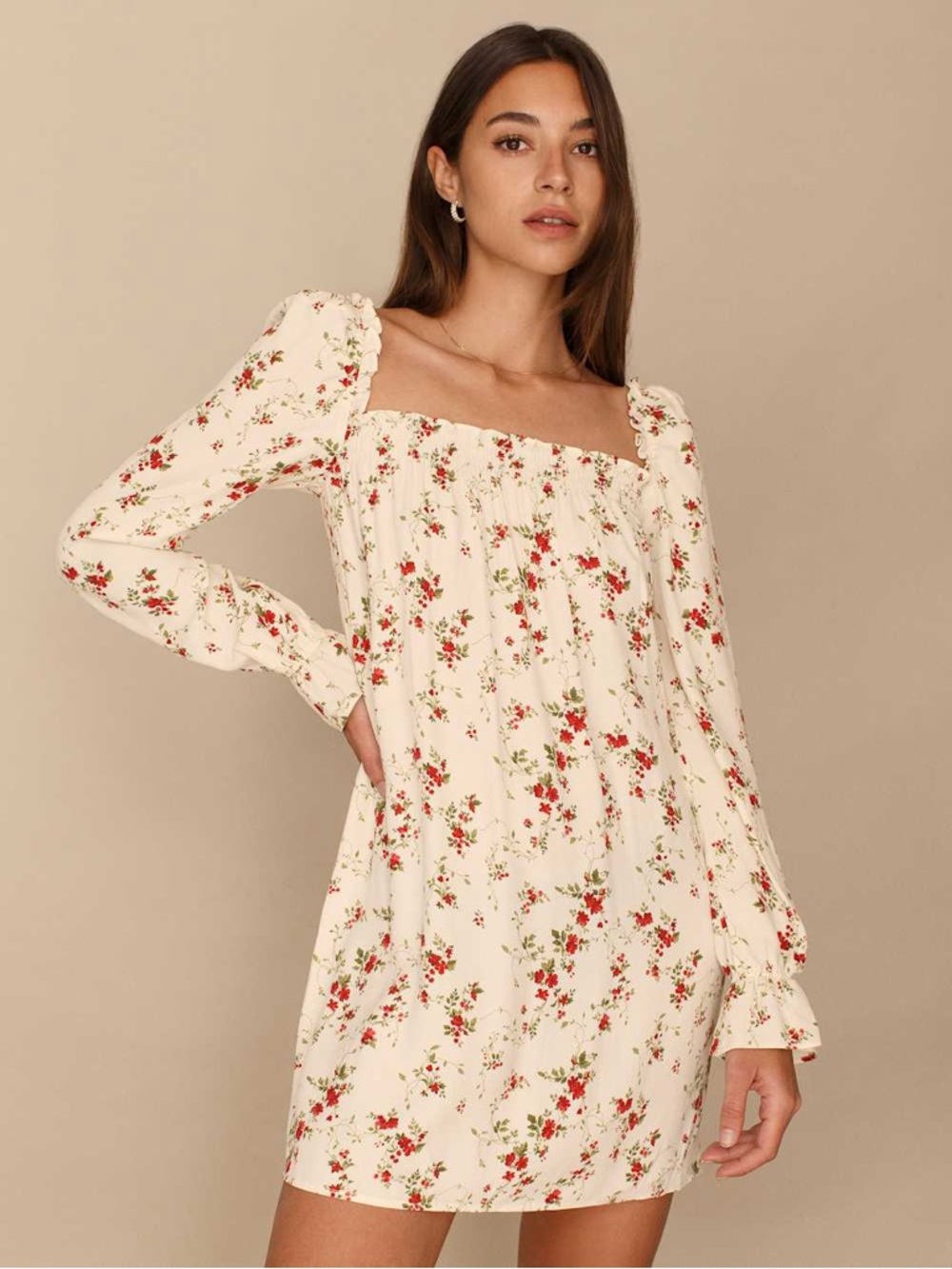 Reformation Hudsen Babydoll Mini Dress Floral Smocked Cottagecore Long Sleeve L